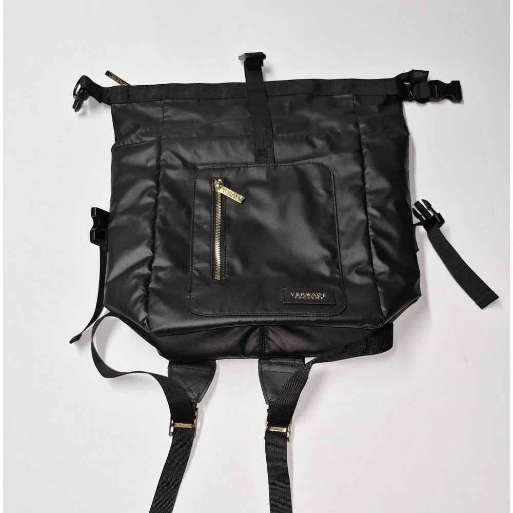 VERSACE Parfums Convertible Rider Backpack Shoulder Tote Bag Black Gold NWOT
